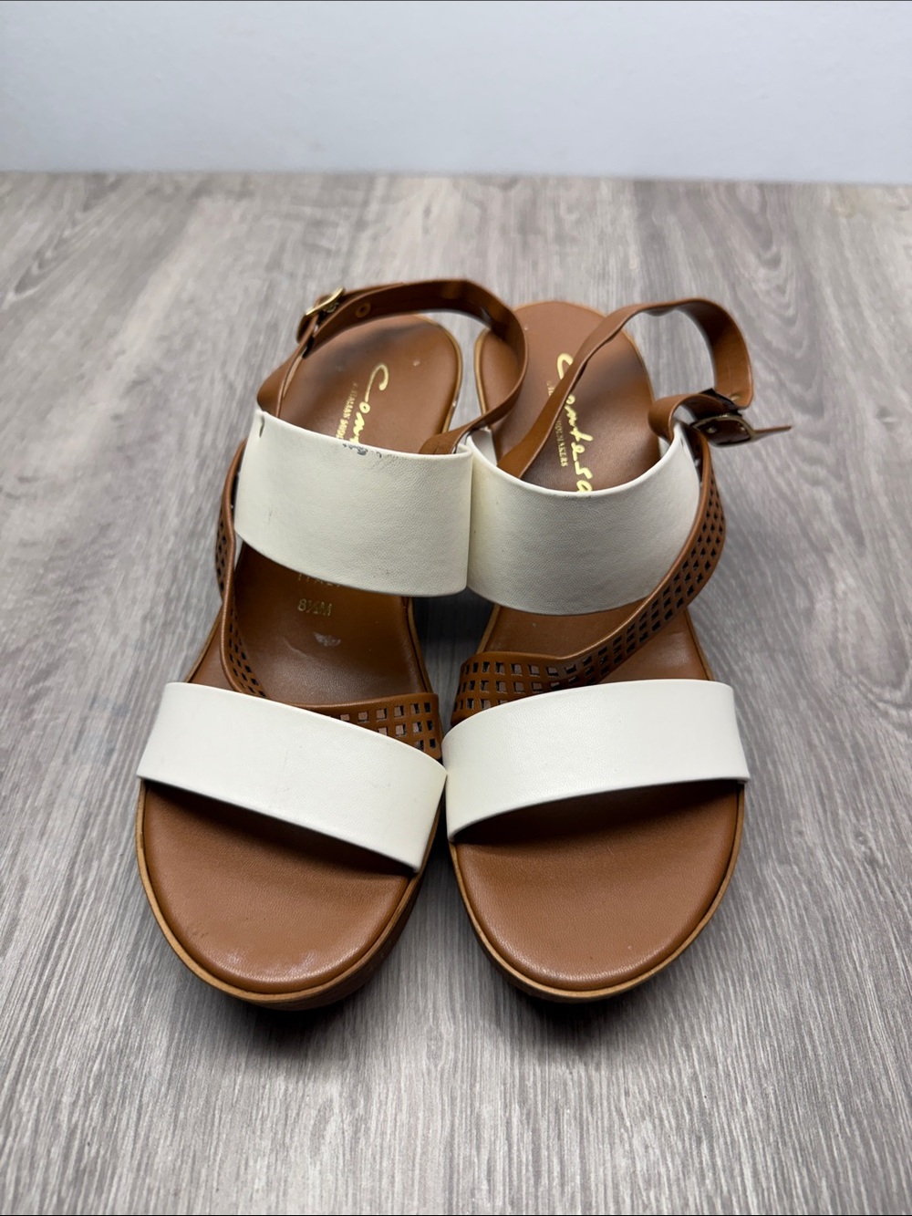 Comfortiva White and Brown Leather Strappy Slingback Sandal